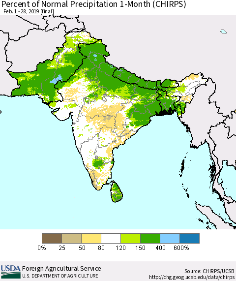 Southern Asia Percent of Normal Precipitation 1-Month (CHIRPS) Thematic Map For 2/1/2019 - 2/28/2019