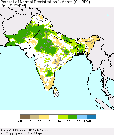 Southern Asia Percent of Normal Precipitation 1-Month (CHIRPS) Thematic Map For 4/1/2019 - 4/30/2019