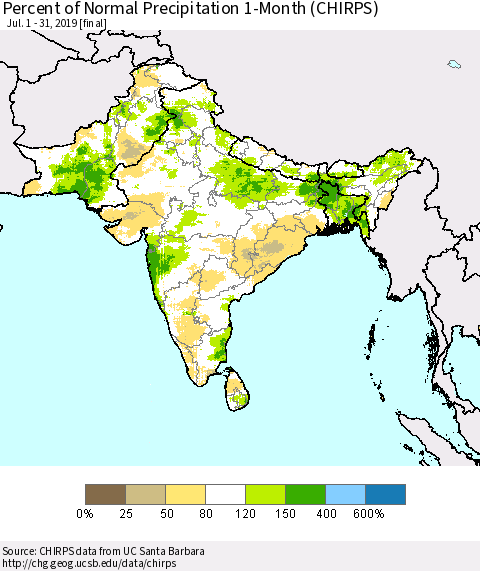 Southern Asia Percent of Normal Precipitation 1-Month (CHIRPS) Thematic Map For 7/1/2019 - 7/31/2019