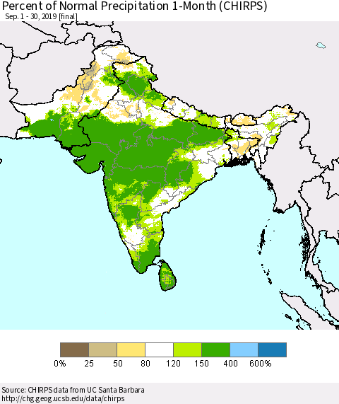 Southern Asia Percent of Normal Precipitation 1-Month (CHIRPS) Thematic Map For 9/1/2019 - 9/30/2019