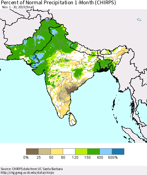 Southern Asia Percent of Normal Precipitation 1-Month (CHIRPS) Thematic Map For 11/1/2019 - 11/30/2019