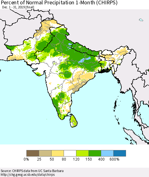 Southern Asia Percent of Normal Precipitation 1-Month (CHIRPS) Thematic Map For 12/1/2019 - 12/31/2019