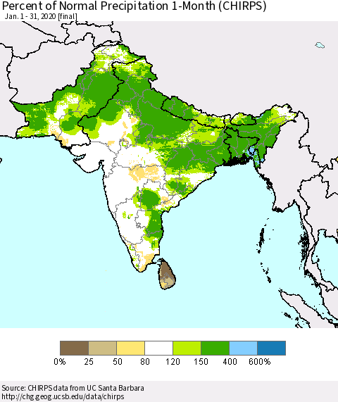Southern Asia Percent of Normal Precipitation 1-Month (CHIRPS) Thematic Map For 1/1/2020 - 1/31/2020