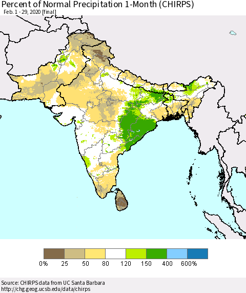 Southern Asia Percent of Normal Precipitation 1-Month (CHIRPS) Thematic Map For 2/1/2020 - 2/29/2020