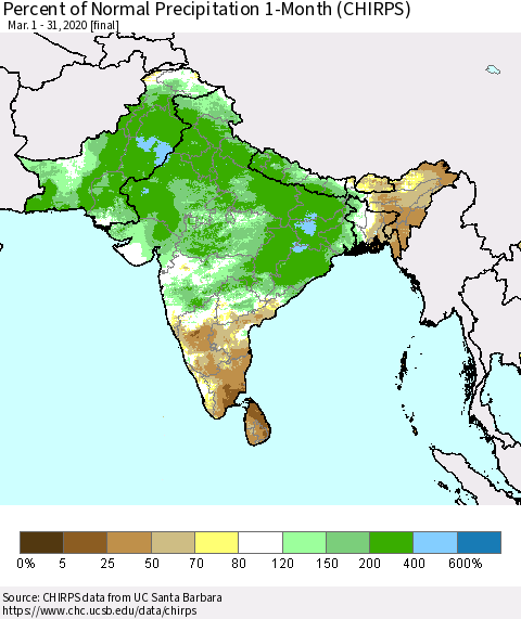 Southern Asia Percent of Normal Precipitation 1-Month (CHIRPS) Thematic Map For 3/1/2020 - 3/31/2020