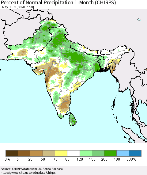 Southern Asia Percent of Normal Precipitation 1-Month (CHIRPS) Thematic Map For 5/1/2020 - 5/31/2020