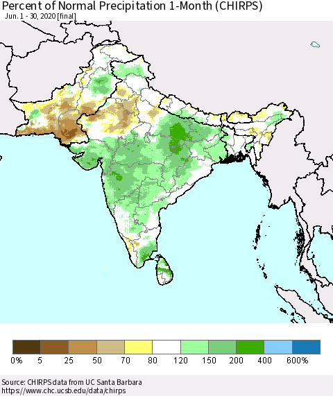 Southern Asia Percent of Normal Precipitation 1-Month (CHIRPS) Thematic Map For 6/1/2020 - 6/30/2020