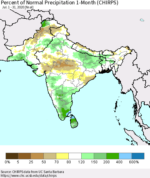 Southern Asia Percent of Normal Precipitation 1-Month (CHIRPS) Thematic Map For 7/1/2020 - 7/31/2020