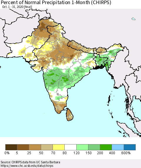 Southern Asia Percent of Normal Precipitation 1-Month (CHIRPS) Thematic Map For 10/1/2020 - 10/31/2020