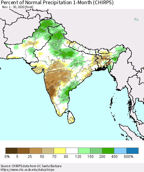 Southern Asia Percent of Normal Precipitation 1-Month (CHIRPS) Thematic Map For 11/1/2020 - 11/30/2020