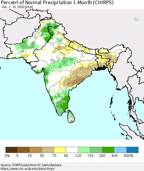 Southern Asia Percent of Normal Precipitation 1-Month (CHIRPS) Thematic Map For 12/1/2020 - 12/31/2020