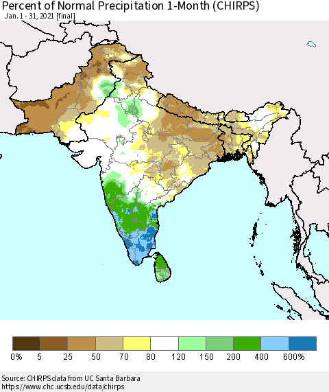 Southern Asia Percent of Normal Precipitation 1-Month (CHIRPS) Thematic Map For 1/1/2021 - 1/31/2021