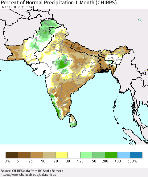 Southern Asia Percent of Normal Precipitation 1-Month (CHIRPS) Thematic Map For 3/1/2021 - 3/31/2021