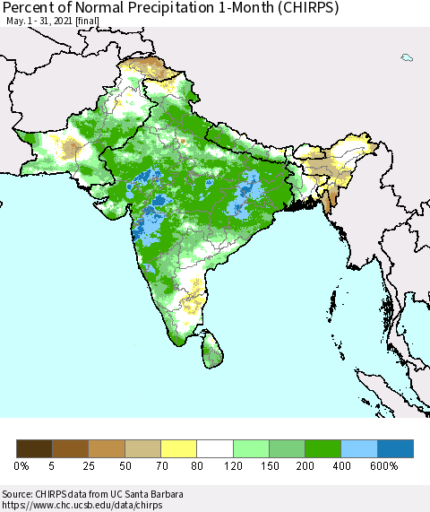 Southern Asia Percent of Normal Precipitation 1-Month (CHIRPS) Thematic Map For 5/1/2021 - 5/31/2021