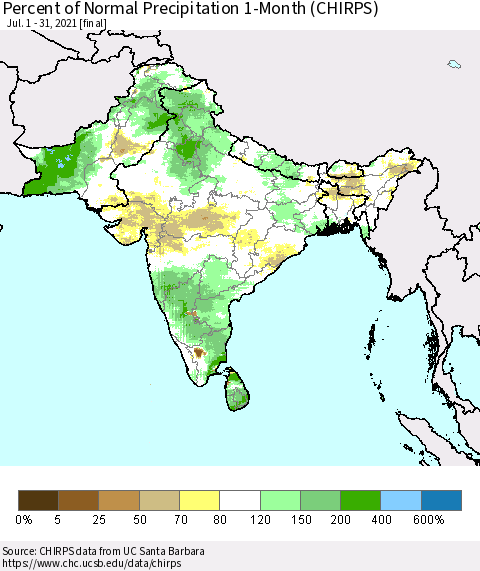 Southern Asia Percent of Normal Precipitation 1-Month (CHIRPS) Thematic Map For 7/1/2021 - 7/31/2021