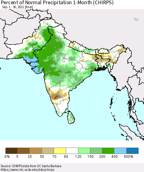 Southern Asia Percent of Normal Precipitation 1-Month (CHIRPS) Thematic Map For 9/1/2021 - 9/30/2021