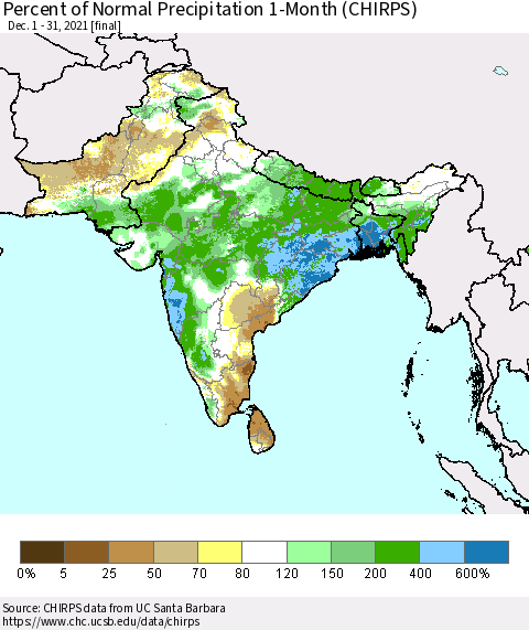 Southern Asia Percent of Normal Precipitation 1-Month (CHIRPS) Thematic Map For 12/1/2021 - 12/31/2021