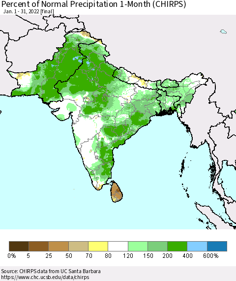 Southern Asia Percent of Normal Precipitation 1-Month (CHIRPS) Thematic Map For 1/1/2022 - 1/31/2022
