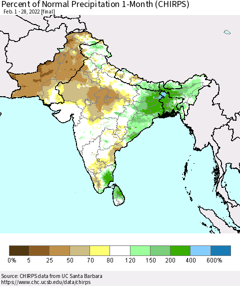 Southern Asia Percent of Normal Precipitation 1-Month (CHIRPS) Thematic Map For 2/1/2022 - 2/28/2022