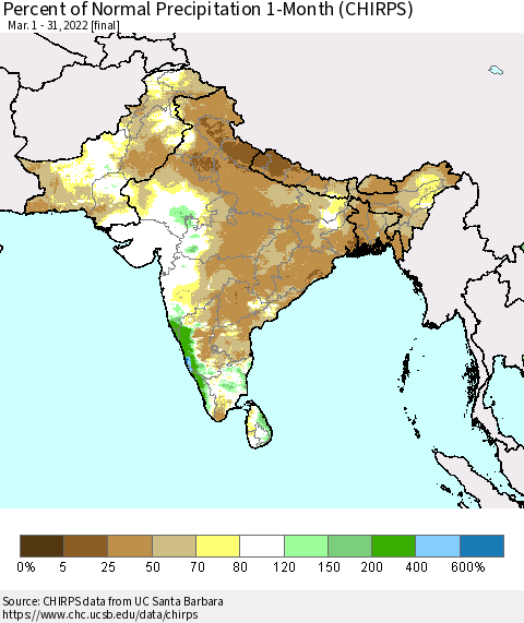 Southern Asia Percent of Normal Precipitation 1-Month (CHIRPS) Thematic Map For 3/1/2022 - 3/31/2022