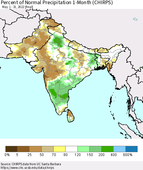 Southern Asia Percent of Normal Precipitation 1-Month (CHIRPS) Thematic Map For 5/1/2022 - 5/31/2022
