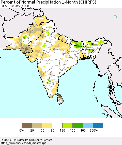 Southern Asia Percent of Normal Precipitation 1-Month (CHIRPS) Thematic Map For 6/1/2022 - 6/30/2022