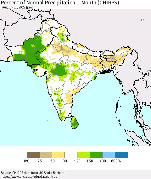 Southern Asia Percent of Normal Precipitation 1-Month (CHIRPS) Thematic Map For 8/1/2022 - 8/31/2022