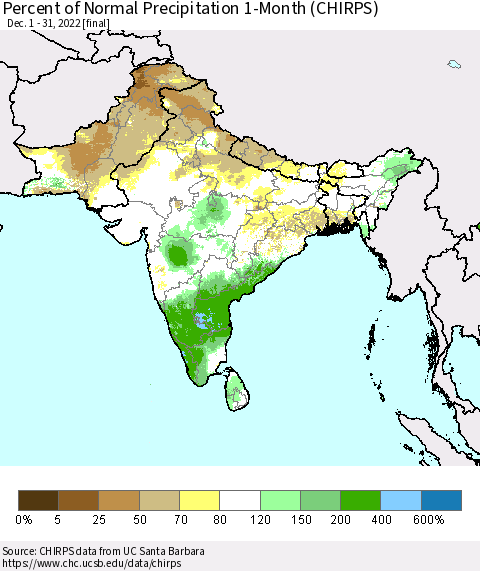 Southern Asia Percent of Normal Precipitation 1-Month (CHIRPS) Thematic Map For 12/1/2022 - 12/31/2022