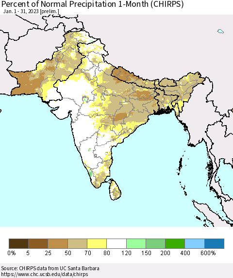 Southern Asia Percent of Normal Precipitation 1-Month (CHIRPS) Thematic Map For 1/1/2023 - 1/31/2023
