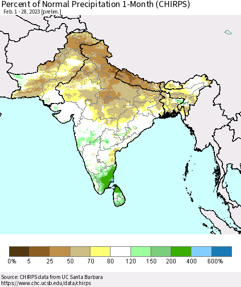 Southern Asia Percent of Normal Precipitation 1-Month (CHIRPS) Thematic Map For 2/1/2023 - 2/28/2023