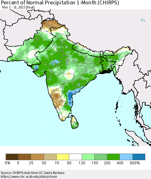 Southern Asia Percent of Normal Precipitation 1-Month (CHIRPS) Thematic Map For 3/1/2023 - 3/31/2023
