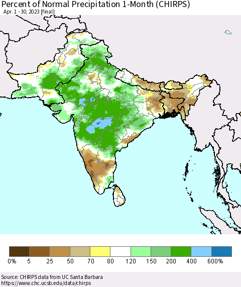 Southern Asia Percent of Normal Precipitation 1-Month (CHIRPS) Thematic Map For 4/1/2023 - 4/30/2023