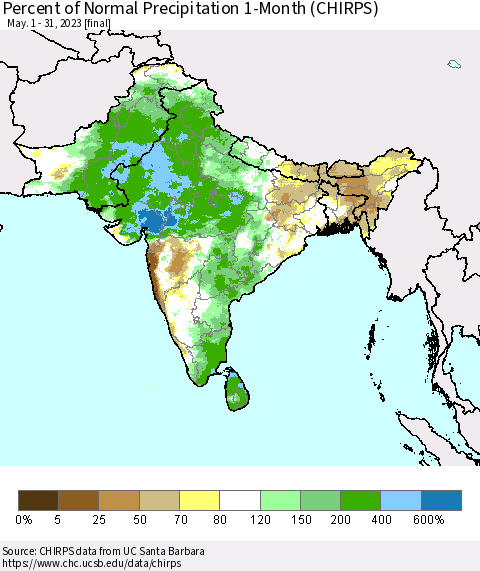 Southern Asia Percent of Normal Precipitation 1-Month (CHIRPS) Thematic Map For 5/1/2023 - 5/31/2023
