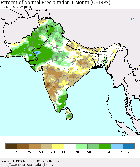 Southern Asia Percent of Normal Precipitation 1-Month (CHIRPS) Thematic Map For 6/1/2023 - 6/30/2023