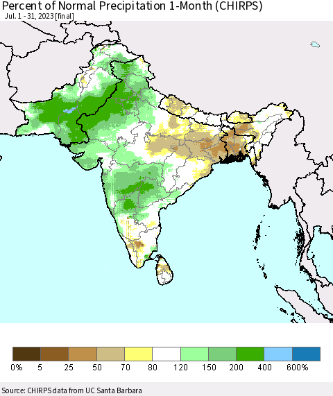 Southern Asia Percent of Normal Precipitation 1-Month (CHIRPS) Thematic Map For 7/1/2023 - 7/31/2023