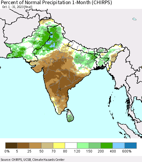 Southern Asia Percent of Normal Precipitation 1-Month (CHIRPS) Thematic Map For 10/1/2023 - 10/31/2023
