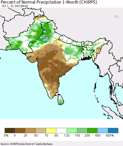 Southern Asia Percent of Normal Precipitation 1-Month (CHIRPS) Thematic Map For 10/1/2023 - 10/31/2023