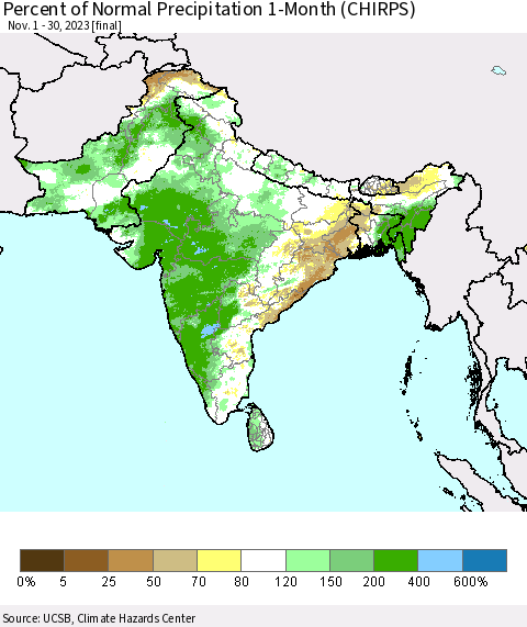 Southern Asia Percent of Normal Precipitation 1-Month (CHIRPS) Thematic Map For 11/1/2023 - 11/30/2023