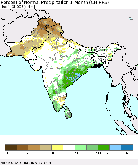 Southern Asia Percent of Normal Precipitation 1-Month (CHIRPS) Thematic Map For 12/1/2023 - 12/31/2023