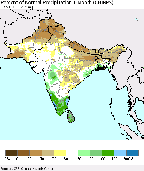 Southern Asia Percent of Normal Precipitation 1-Month (CHIRPS) Thematic Map For 1/1/2024 - 1/31/2024
