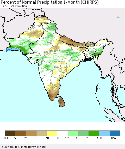 Southern Asia Percent of Normal Precipitation 1-Month (CHIRPS) Thematic Map For 2/1/2024 - 2/29/2024