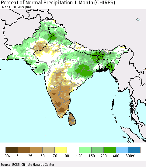 Southern Asia Percent of Normal Precipitation 1-Month (CHIRPS) Thematic Map For 3/1/2024 - 3/31/2024