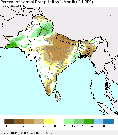 Southern Asia Percent of Normal Precipitation 1-Month (CHIRPS) Thematic Map For 2/1/2025 - 2/28/2025
