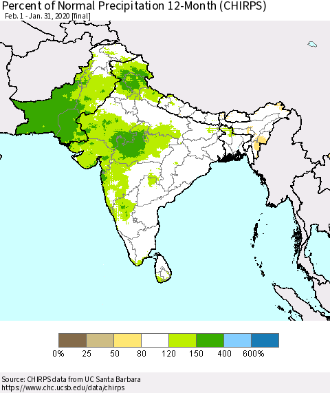 Southern Asia Percent of Normal Precipitation 12-Month (CHIRPS) Thematic Map For 2/1/2019 - 1/31/2020