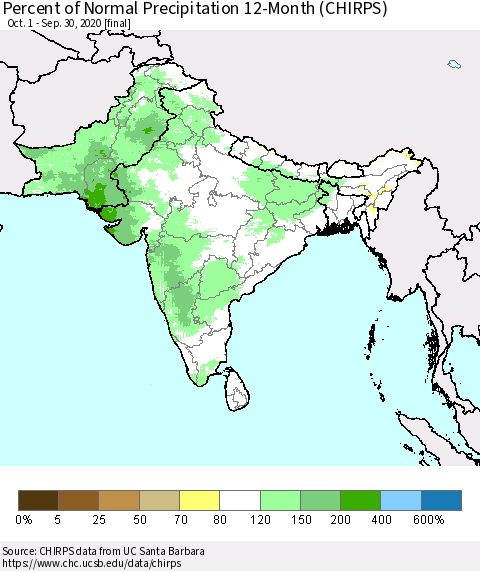 Southern Asia Percent of Normal Precipitation 12-Month (CHIRPS) Thematic Map For 10/1/2019 - 9/30/2020