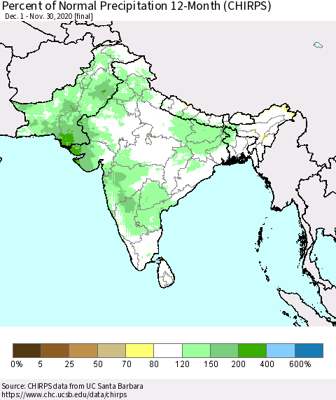 Southern Asia Percent of Normal Precipitation 12-Month (CHIRPS) Thematic Map For 12/1/2019 - 11/30/2020