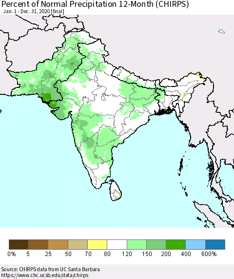 Southern Asia Percent of Normal Precipitation 12-Month (CHIRPS) Thematic Map For 1/1/2020 - 12/31/2020