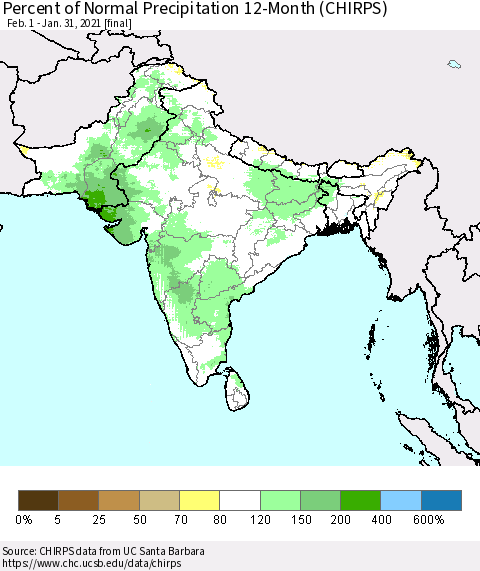 Southern Asia Percent of Normal Precipitation 12-Month (CHIRPS) Thematic Map For 2/1/2020 - 1/31/2021
