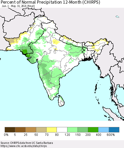 Southern Asia Percent of Normal Precipitation 12-Month (CHIRPS) Thematic Map For 6/1/2020 - 5/31/2021
