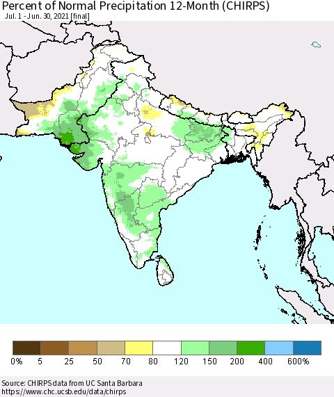 Southern Asia Percent of Normal Precipitation 12-Month (CHIRPS) Thematic Map For 7/1/2020 - 6/30/2021